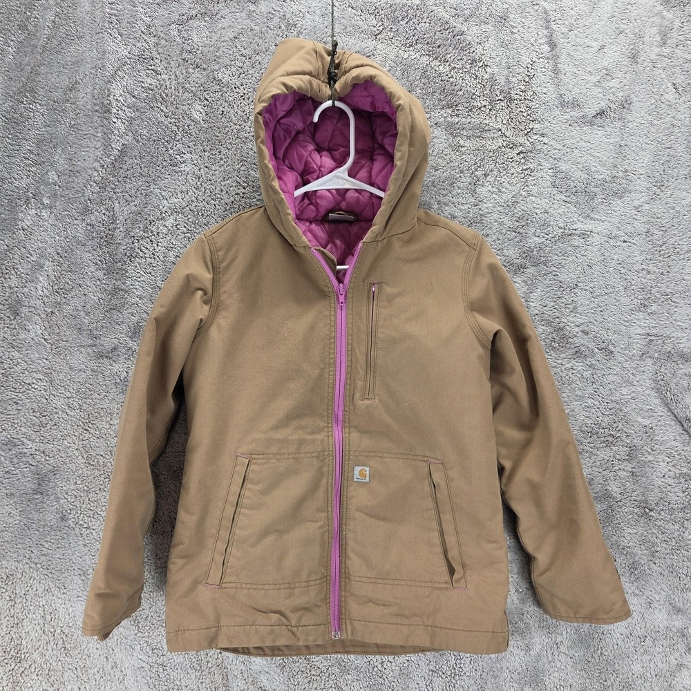 Carhartt Jacket Girls 14 Brown Quick Duck Hooded Quilted Lined Insulated